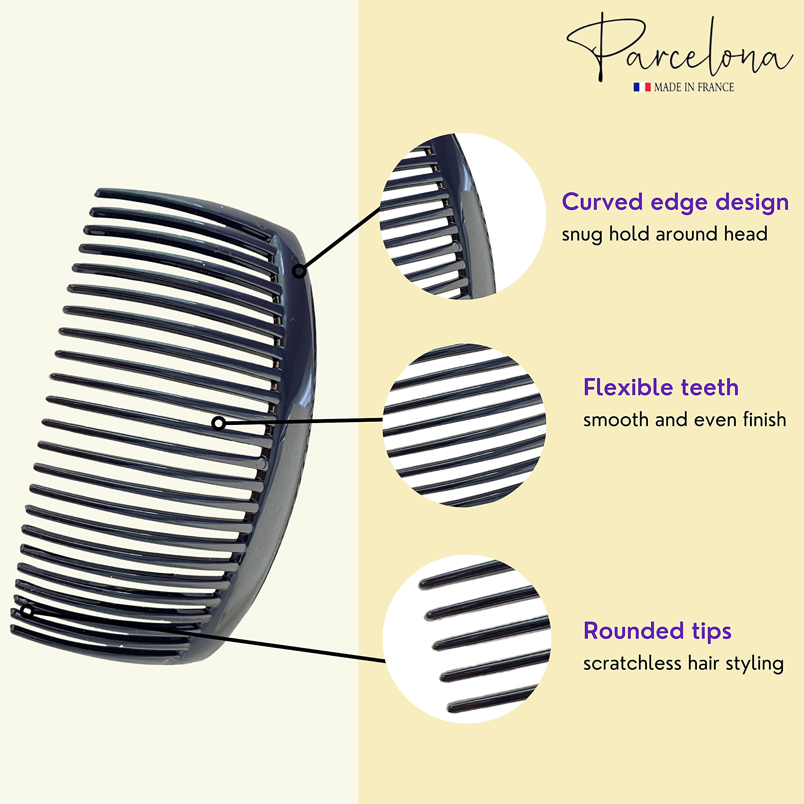 Parcelona French Large 2 Pieces Glossy Black Cellulose Acetate Good Grip Updo 23 Teeth Hair Side Combs 4.25 Inches