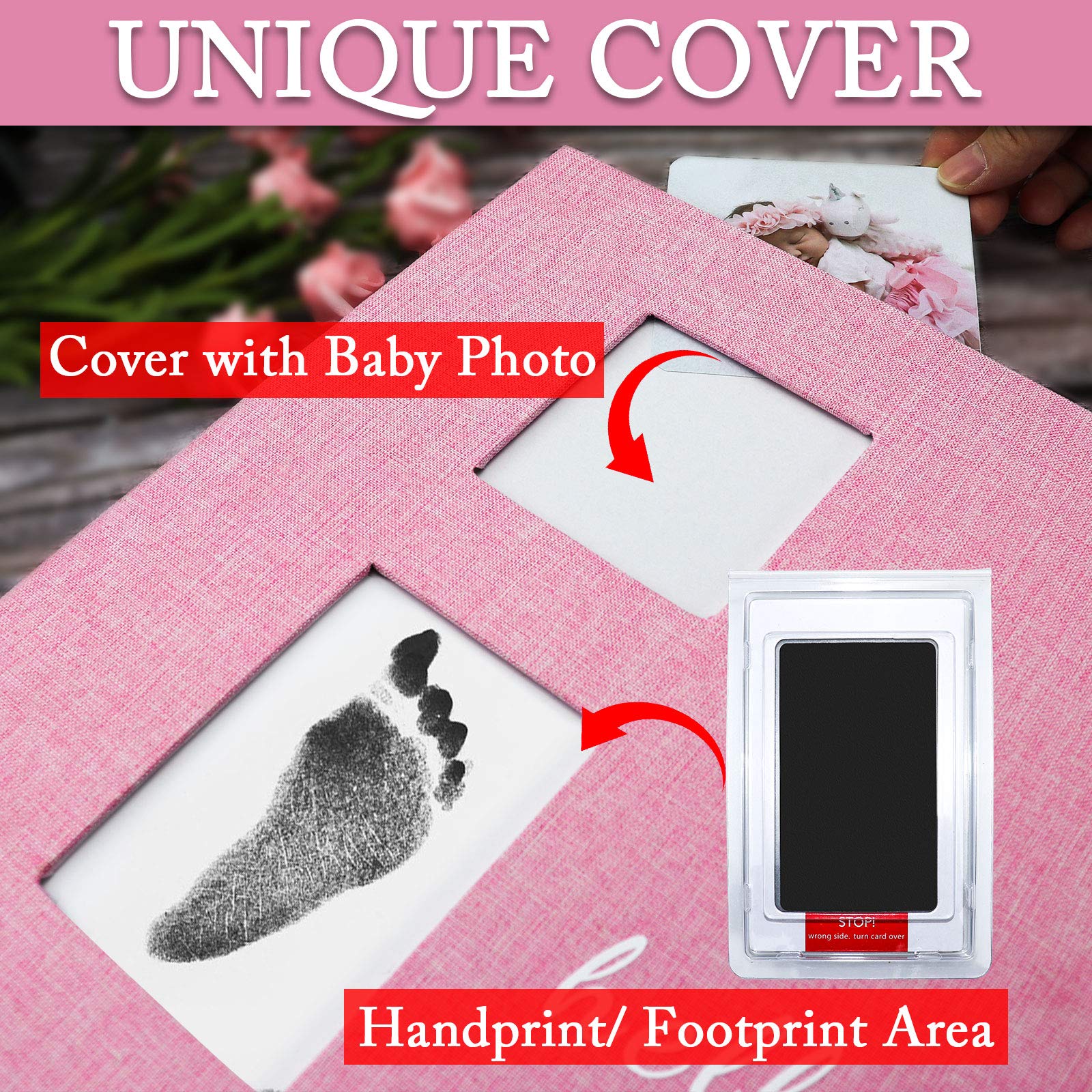 Vienrose Baby Photo Album Self Adhesive Memory Book 4x6 Magnetic Scrapbook Kit with Clean-Touch Ink Pad Handprint Footprint and A Metallic Pen for Boy/Girl 2 Windows 40 Pages