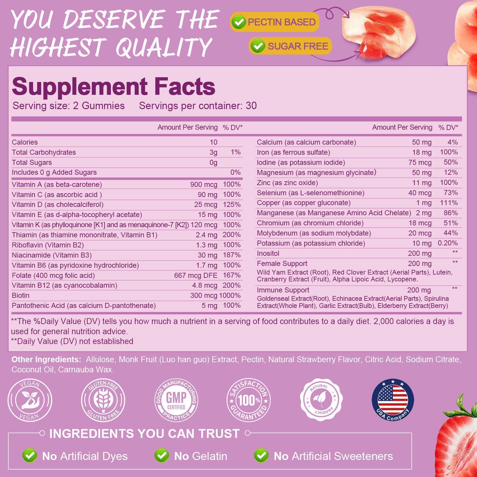 Totaria Sugar Free Multivitamin Gummies for Women 14+ w/Inositol, Iron, Folate, Biotin, Womens Daily Multivitamin Gummy w/Vitamin A, D, C, B, Support Hair, Skin, Energy, Immune, Strawberry Flavor