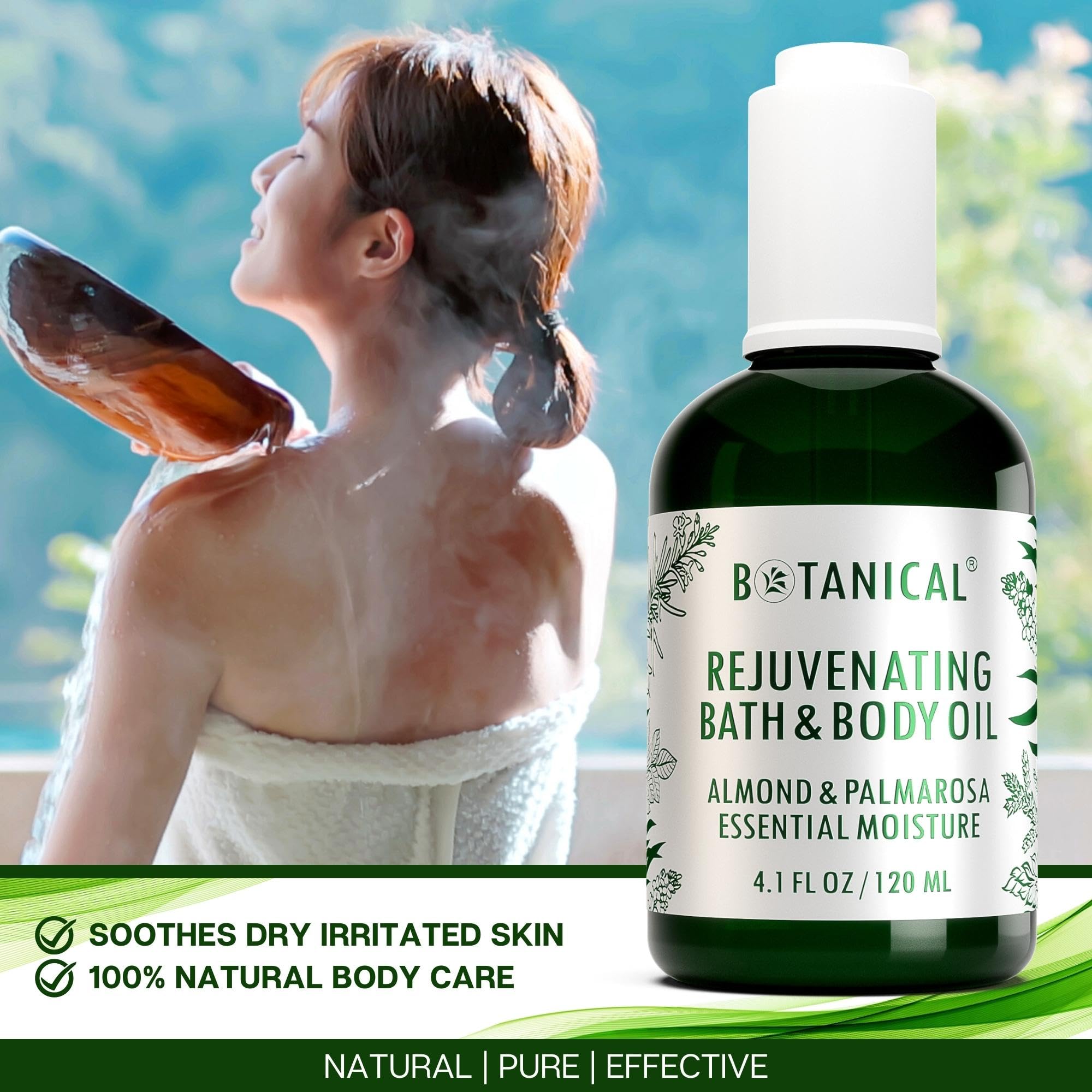 Botanical Bath & Body Oil | Rejuvenating Almond & Palmarosa | Organic, Pure, Natural Skincare (4.1 fl oz | 120 ml)