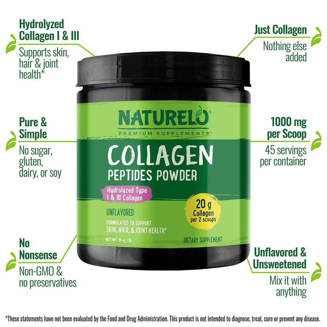 NATURELO Collagen Peptide Powder, Hydrolyzed Collagen Type I & III, Skin Hair & Joint Health - Unflavored, 16 Ounces | 45 Servings