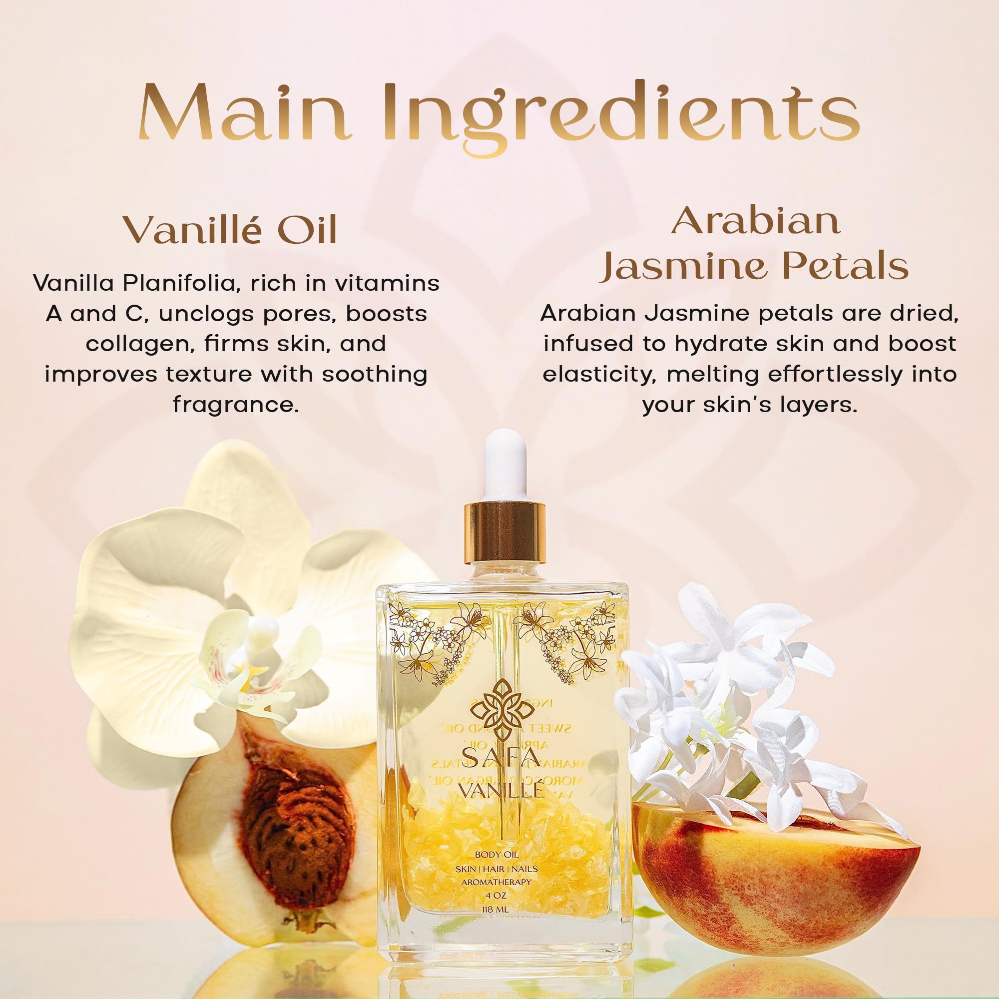 SAFA Vanillé Oil - Organic Oil for Face, Body, Hair, Nails & Aromatherapy | Vanilla Extract & Jasmine Petals - Essential Oil for Diffusers | After Shower Body Oil | Skin Moisturiser (4 Fl Oz)