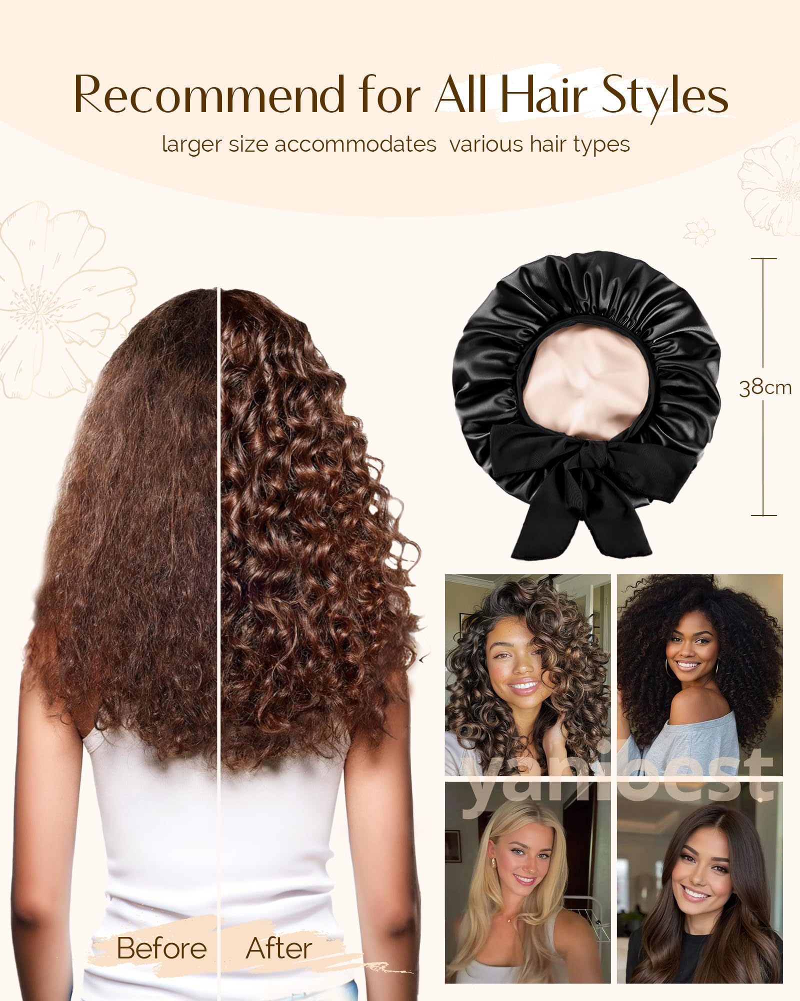 YANIBEST Satin Silk Bonnet for Sleeping Women, Double Layer Hair Bonnet with Elastic Tie Band for Curly Natural Hair, Black
