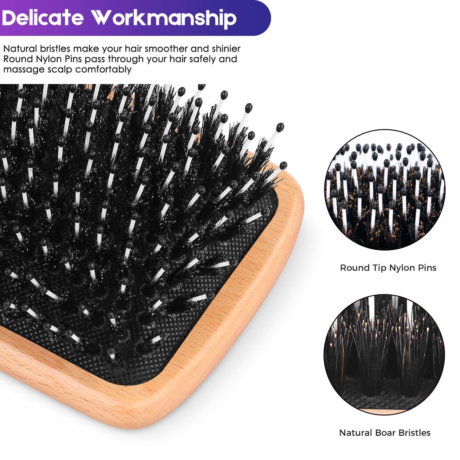Sosoon Boar Bristle HairBrushes for Long,Thick,Thin,Curly&Tangled Hair-Preventing Hair Breakage and Reducing Frizzy, No Tangles
