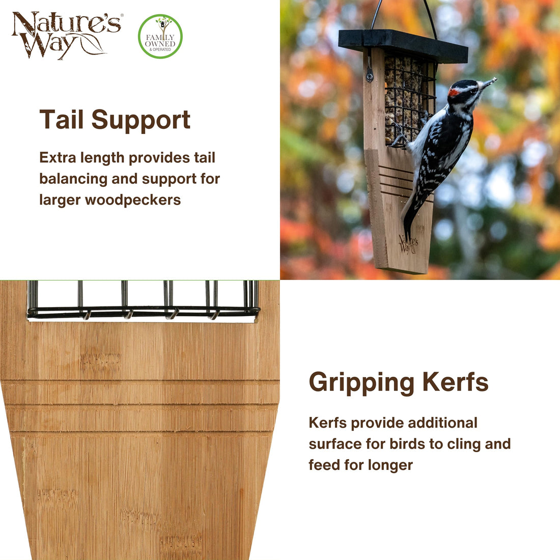 Nature's Way Bird Products BWF1 Tail-prop Suet Bird Feeder 12H x 7.875L x 3W, Wood