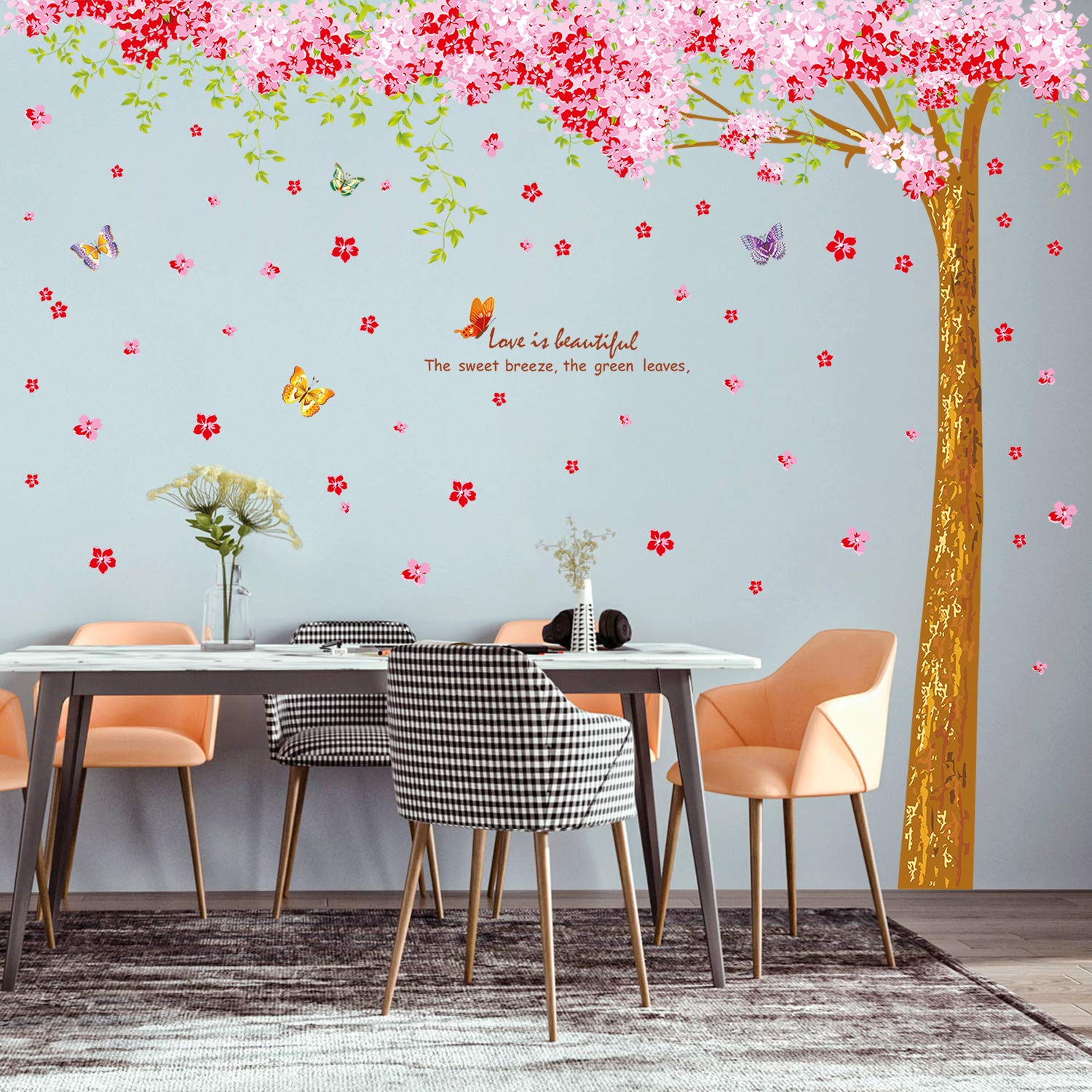 Amaonm Giant Huge Size Removable Pink Red Romantic Cherry Blossom Tree Wall Decal DIY PVC Butterfly Wall Decorations Art Decor Stickers Murals Wallpaper for Nursery Room Living Room Wall Corner
