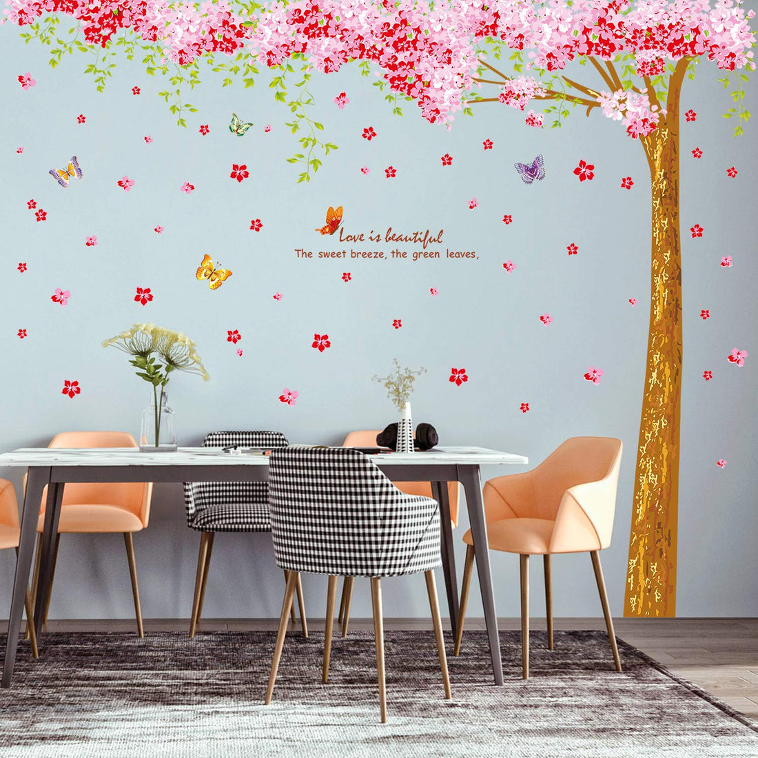 Amaonm Giant Huge Size Removable Pink Red Romantic Cherry Blossom Tree Wall Decal DIY PVC Butterfly Wall Decorations Art Decor Stickers Murals Wallpaper for Nursery Room Living Room Wall Corner