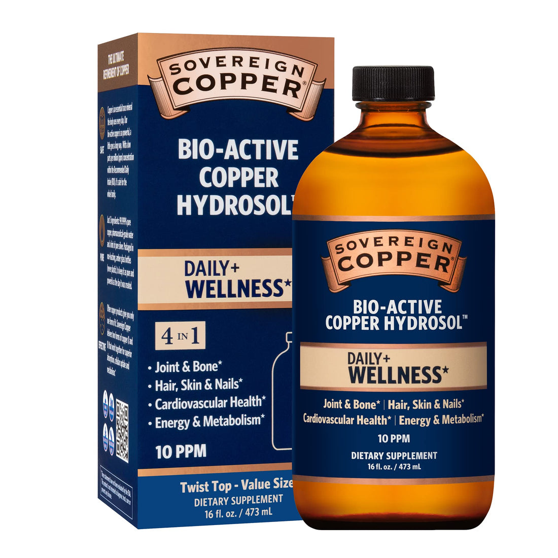 Sovereign Copper Bio-Active Copper Hydrosol, Daily+ 4-in-1 Wellness Supplement for Joint and Bone*, Hair, Skin and Nails*, Cardiovascular Health* and Energy and Metabolism Support*, 16oz