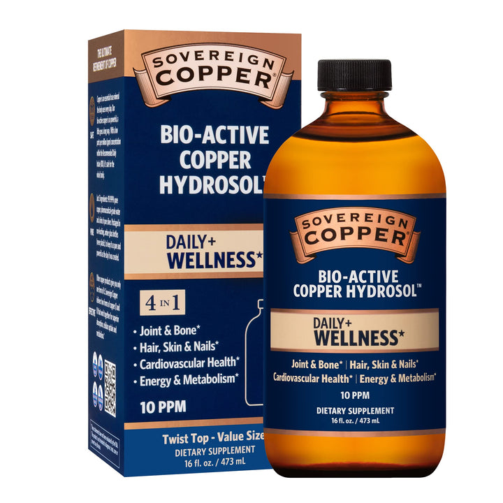 Sovereign Copper Bio-Active Copper Hydrosol, Daily+ 4-in-1 Wellness Supplement for Joint and Bone*, Hair, Skin and Nails*, Cardiovascular Health* and Energy and Metabolism Support*, 16oz