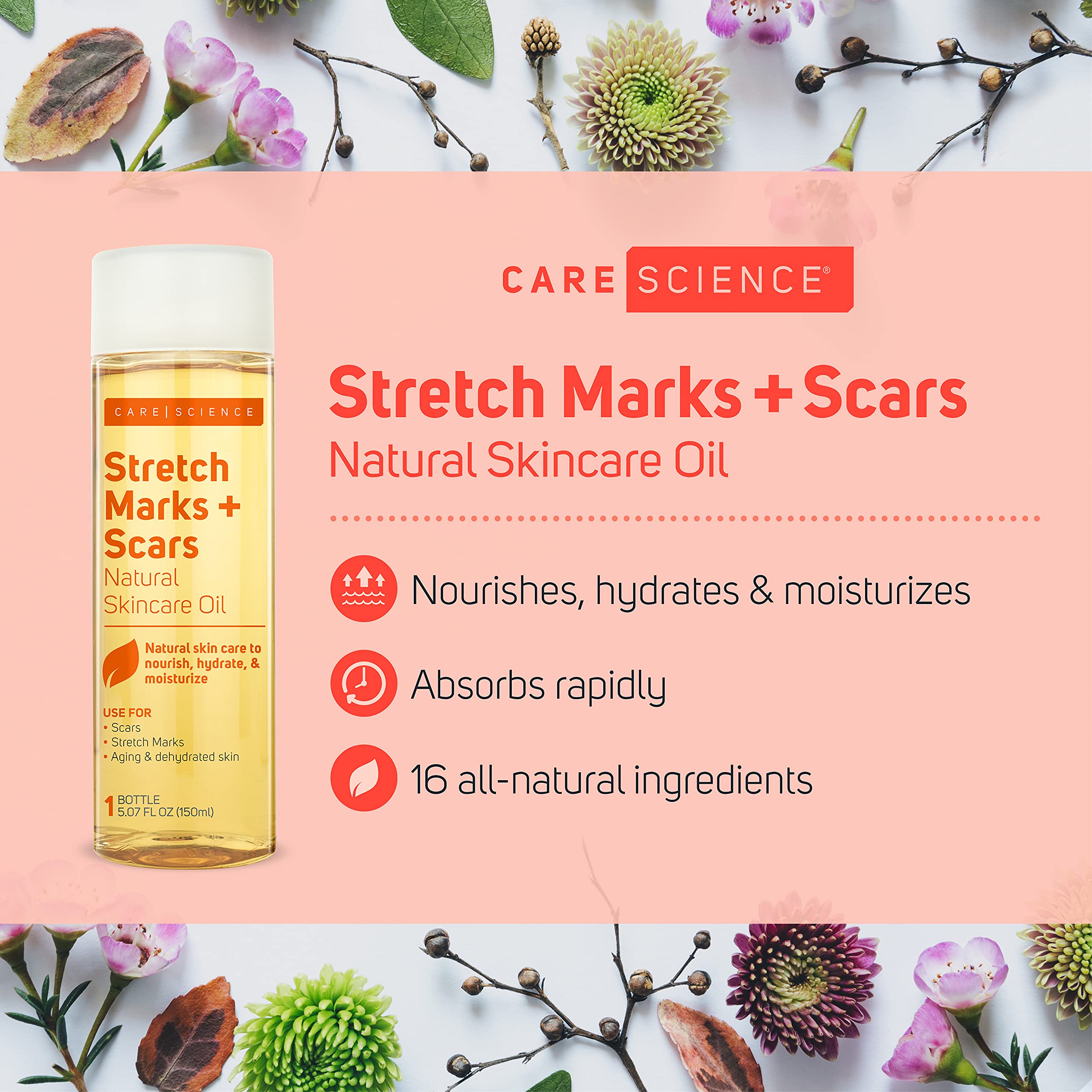 Care Science Stretch Marks + Scars Skin Care Body Oil, 5 OZ | For C Section Recovery, Scars, Stretch Marks, Hair, Aging, Dehydrated Skin | Natural Ingredients, Vitamin E Oil, Olive Oil, Coconut Oil