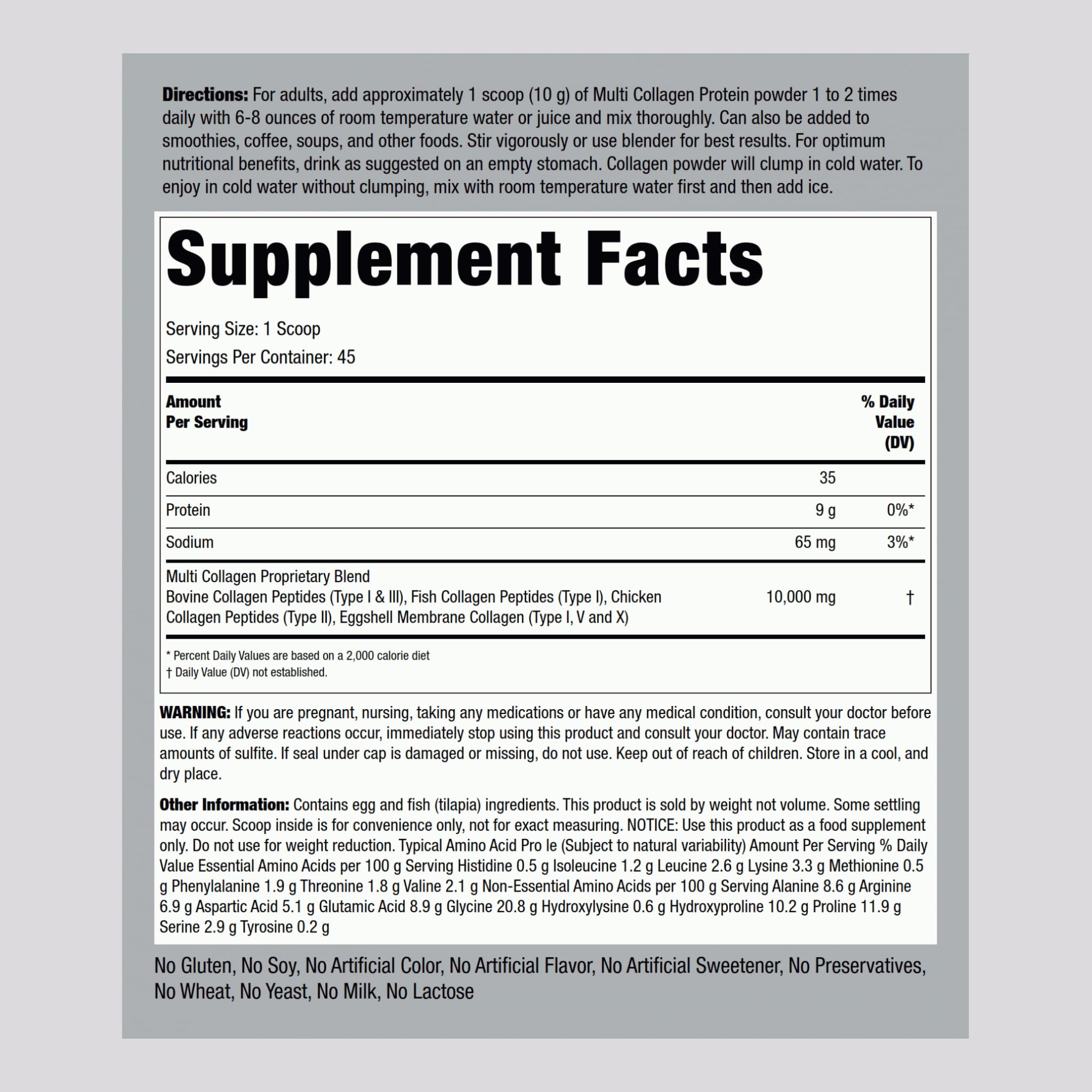 Piping Rock Multi Collagen Protein Powder | 16 oz Unflavored | 10,000mg Peptides Complex | Type i, ii, iii, v, x | Gluten Free, Non-GMO Supplement