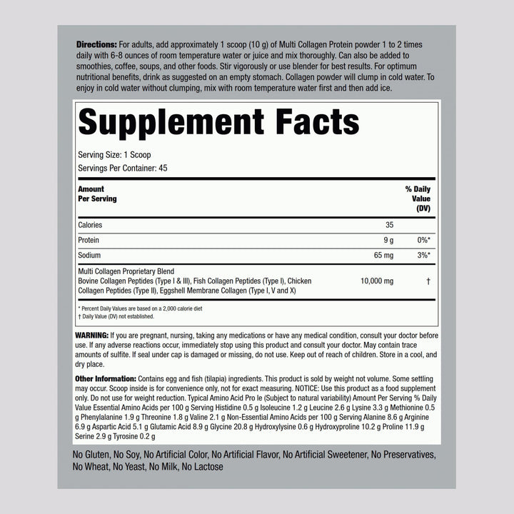 Piping Rock Multi Collagen Protein Powder | 16 oz Unflavored | 10,000mg Peptides Complex | Type i, ii, iii, v, x | Gluten Free, Non-GMO Supplement