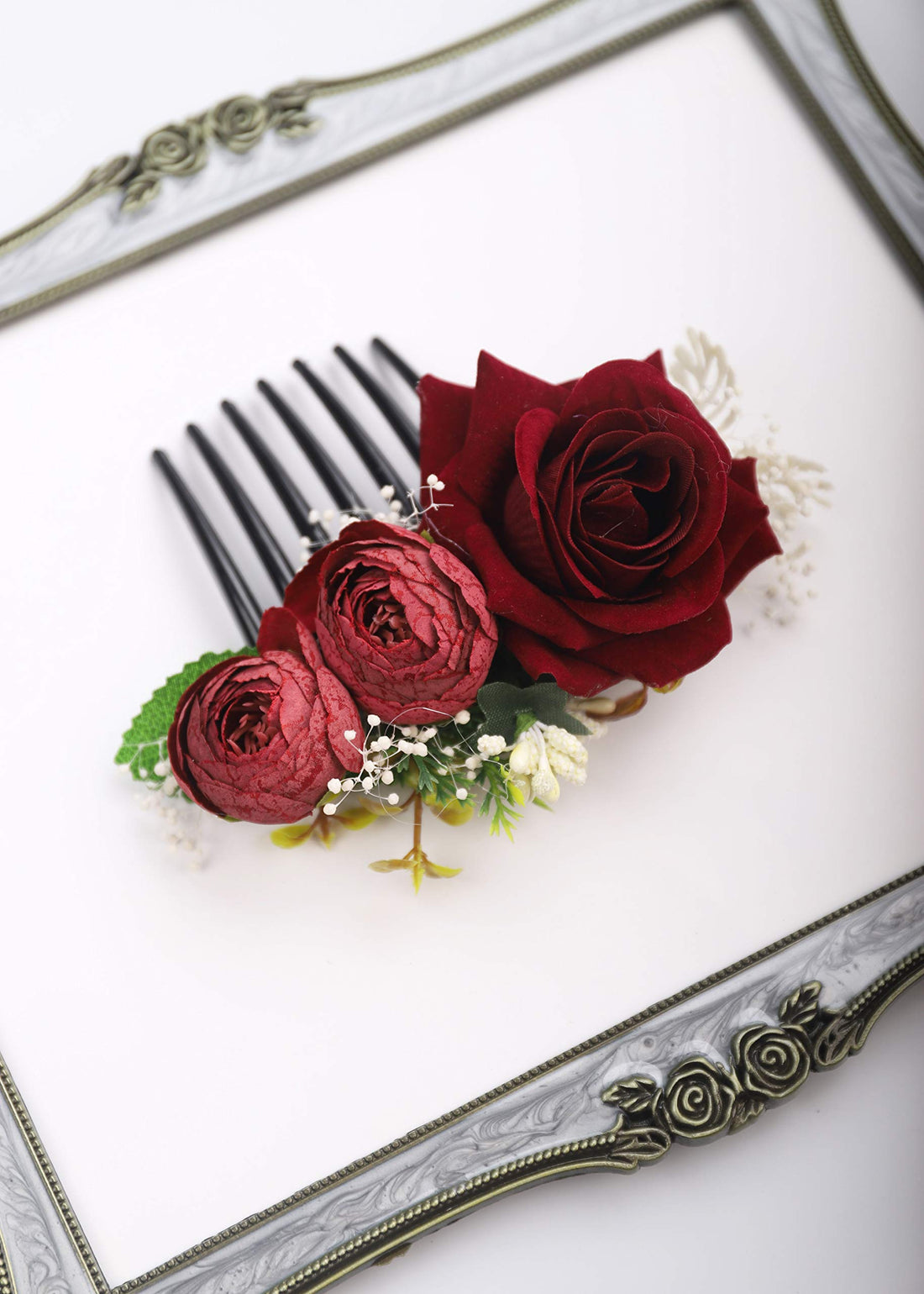 Kercisbeauty Red Rose Burgundy Hair Comb for Brides Wedding Bridal Vintage Headband Burgundy Floral Comb Festival Headpiece Women Girls Party