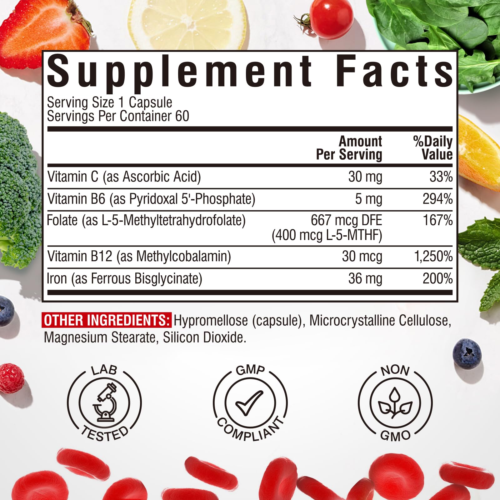 Iron Supplement for Women & Men, with Vitamins C, B6, B12 & Folate for Iron Deficiency, Blood Building & Energy Support, Stomach Friendly, Better Absorption, Non-GMO, No Gluten, 60 Vegan Caps