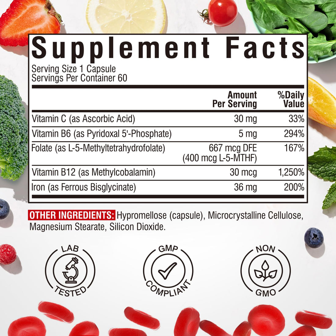 Iron Supplement for Women & Men, with Vitamins C, B6, B12 & Folate for Iron Deficiency, Blood Building & Energy Support, Stomach Friendly, Better Absorption, Non-GMO, No Gluten, 60 Vegan Caps