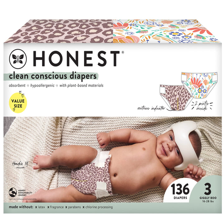The Honest Company Clean Conscious Diapers | Plant-Based, Sustainable | Wild Thang + Flower Power | Super Club Box, Size 3 (16-28 lbs), 136 Count