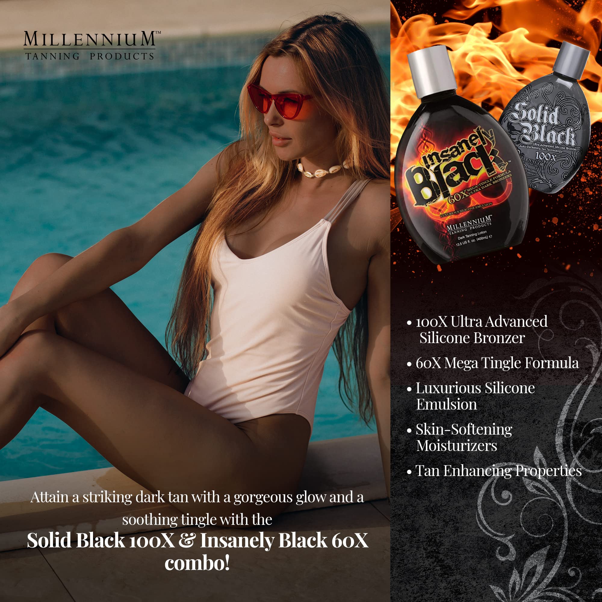 Millenium Tanning Indoor Tanning Bed Lotion, Insanely Black and Solid Black, 13.5 Ounce