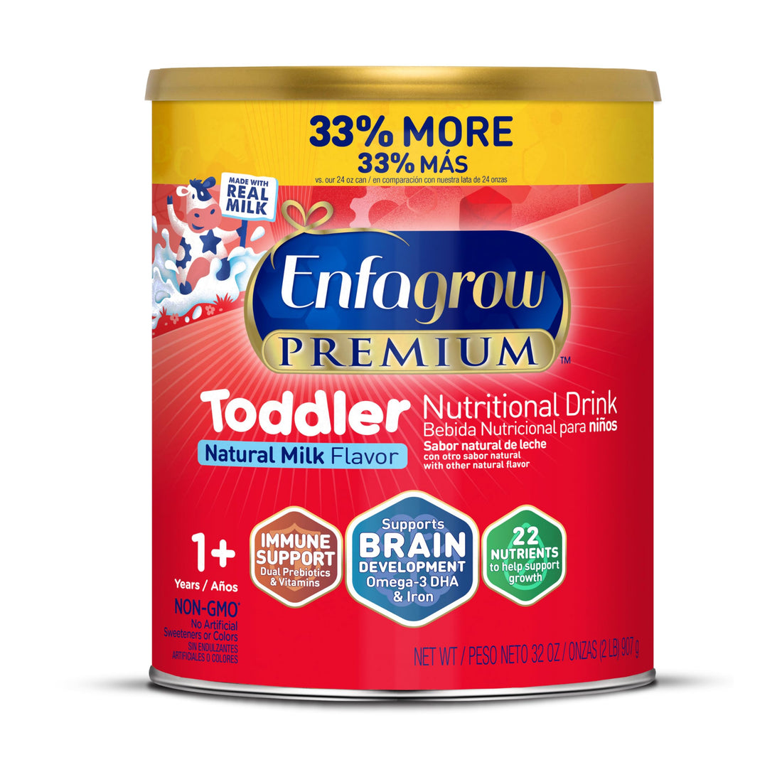 Enfagrow NeuroPro Toddler Nutritional Drink, Made with Real Milk, Brain-Building Omega-3 DHA, Nutrients and Prebiotics for Growth & Immune Support, Non-GMO, Toddler Milk Powder, 32 Oz Can