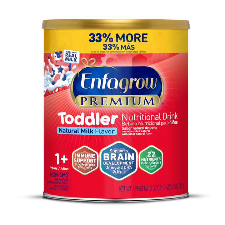 Enfagrow NeuroPro Toddler Nutritional Drink, Made with Real Milk, Brain-Building Omega-3 DHA, Nutrients and Prebiotics for Growth & Immune Support, Non-GMO, Toddler Milk Powder, 32 Oz Can