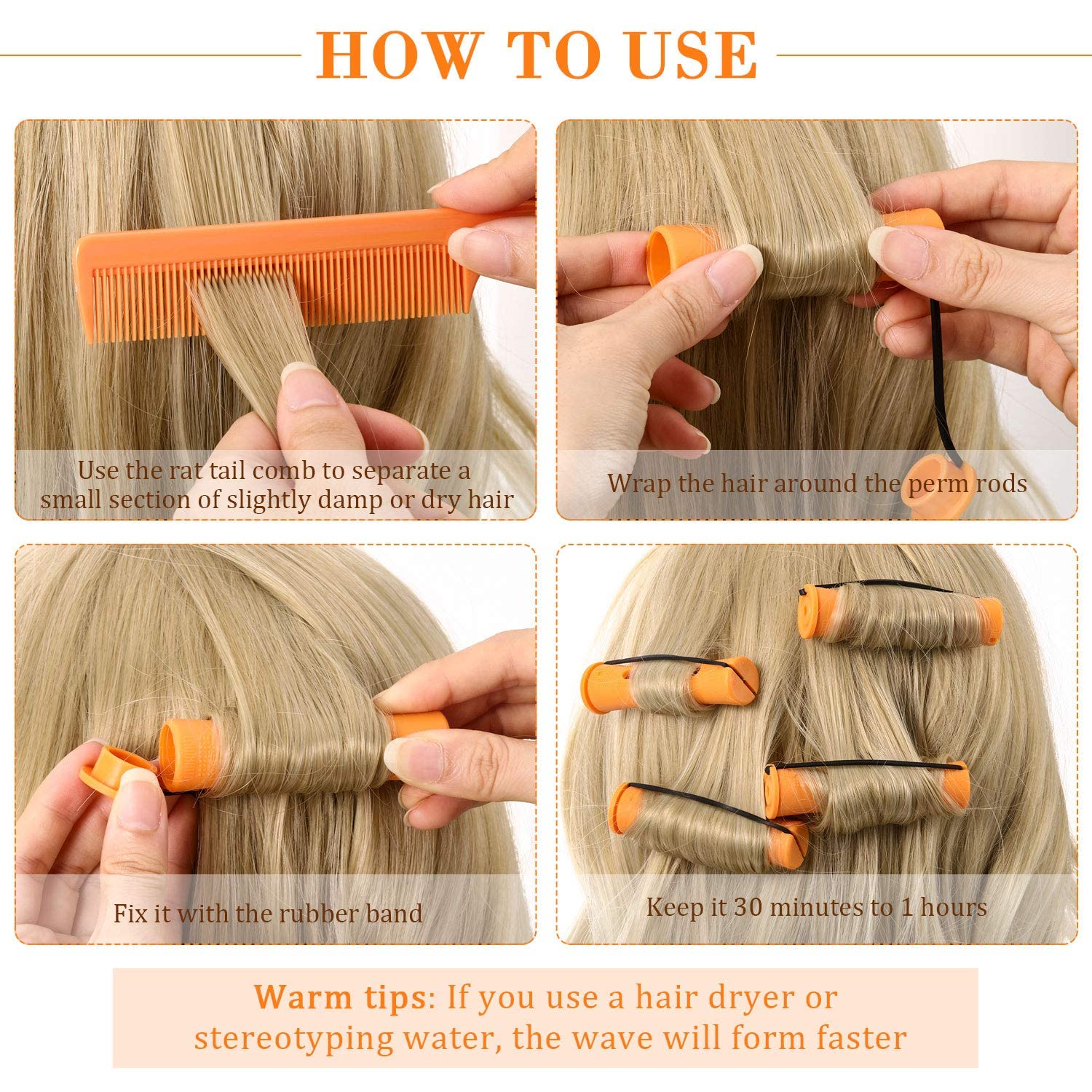 WILLBOND 36 Pieces Cold Wave Rod Hair Perm Rods Hair Rollers Perming Rods Curlers with Steel Rat Tail Comb for Hairdressing Styling