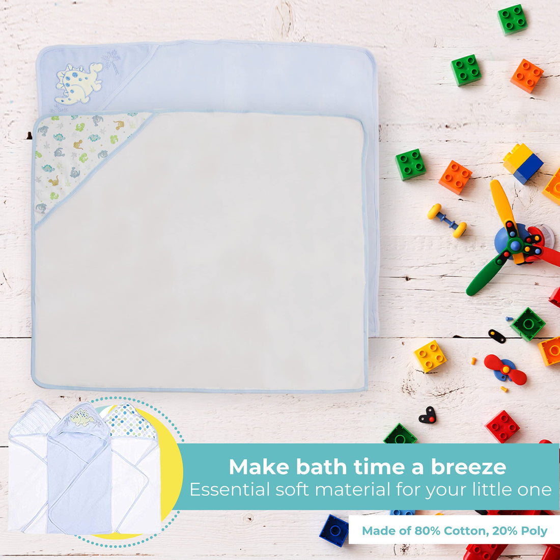 Spasilk Baby 3 Pack Soft Terry Hooded Towel Set for Newborn Boys and Girls Blue Dino, 26x30 Inch, (301-008)