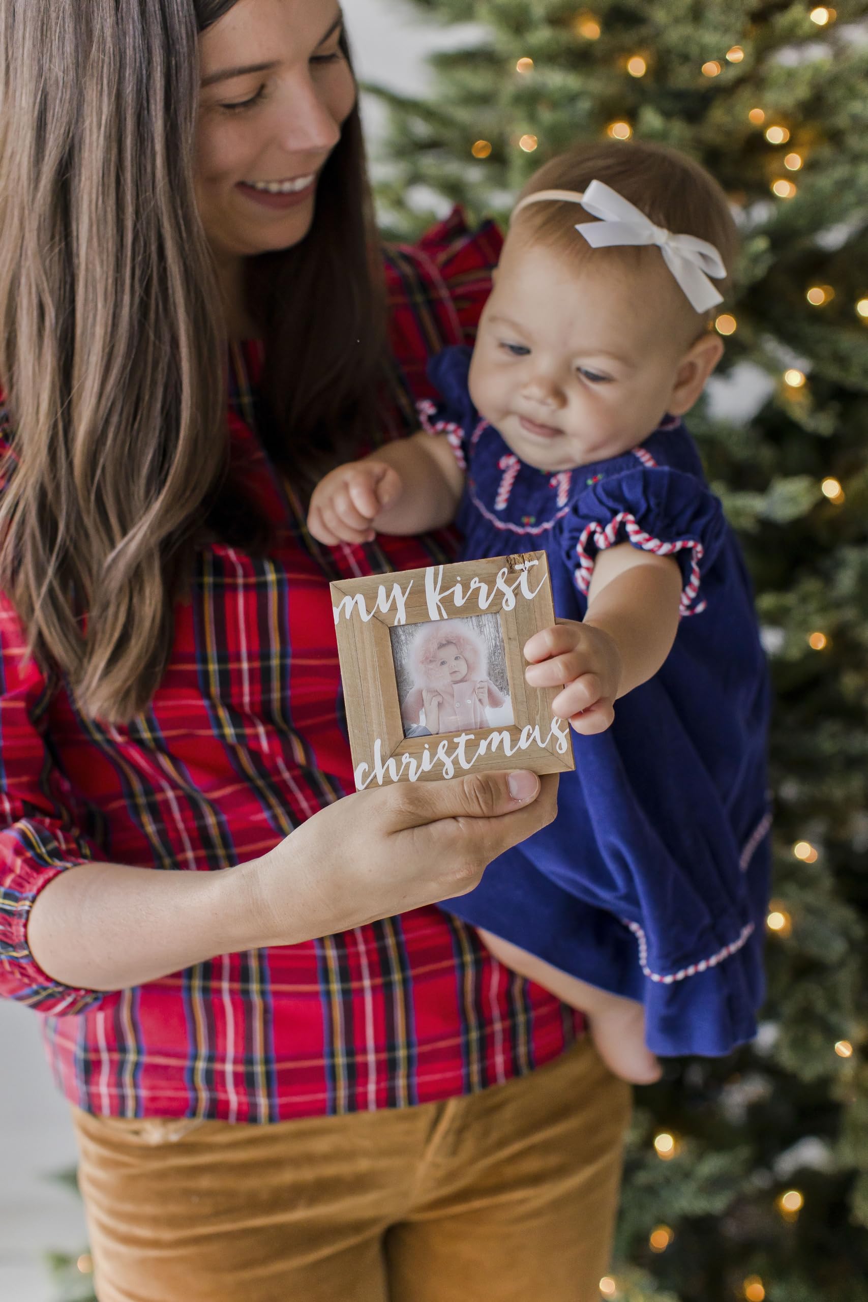 Pearhead Baby’s First Christmas Wooden Picture Frame Ornament, Newborn Milestone Keepsake Photo, Holiday Gift For New and Expecting Parents, Rustic My First Christmas Ornament