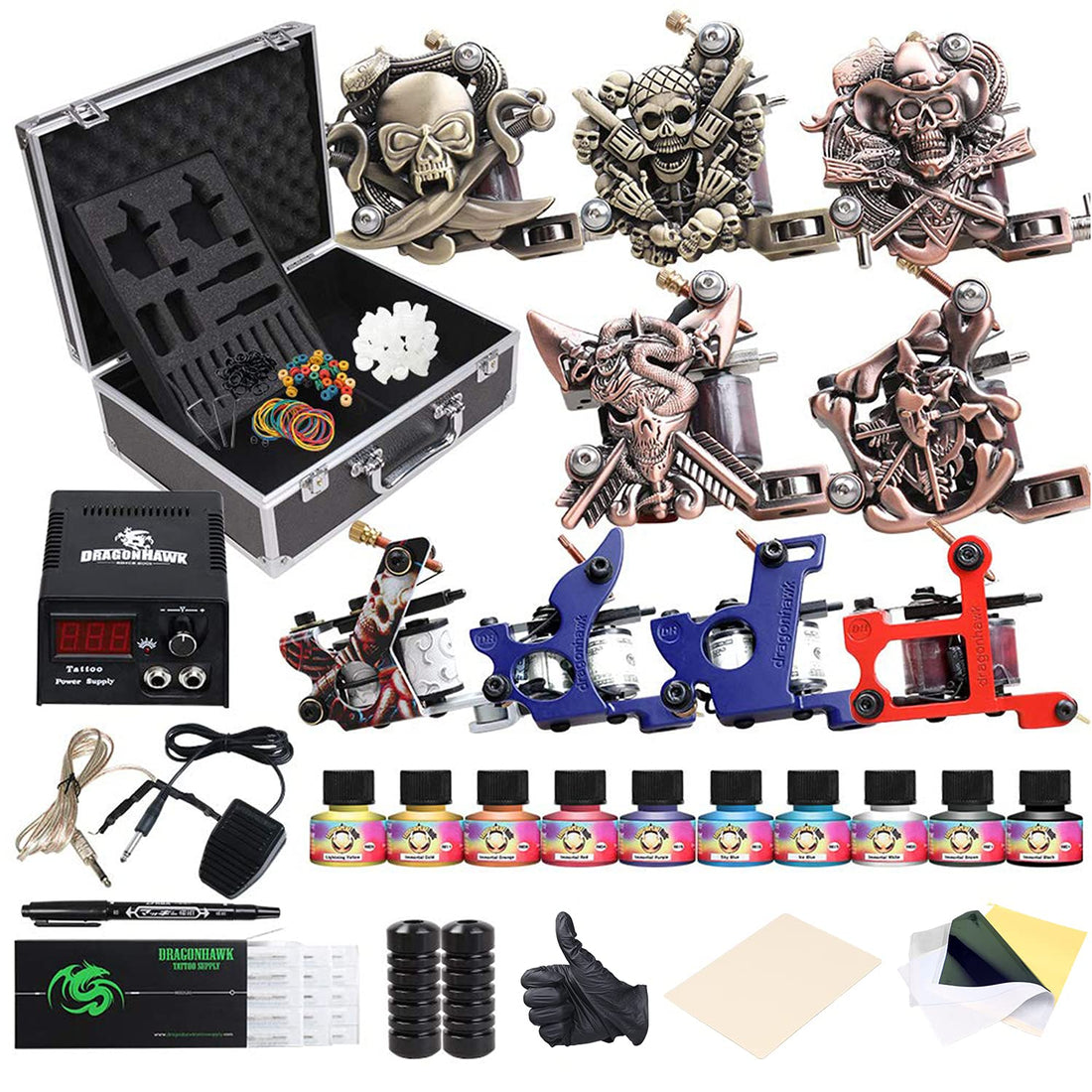 Starter Complete Tattoo Kit 9 Machine Gun Power Supply 50 Needles 40 Ink Set D23