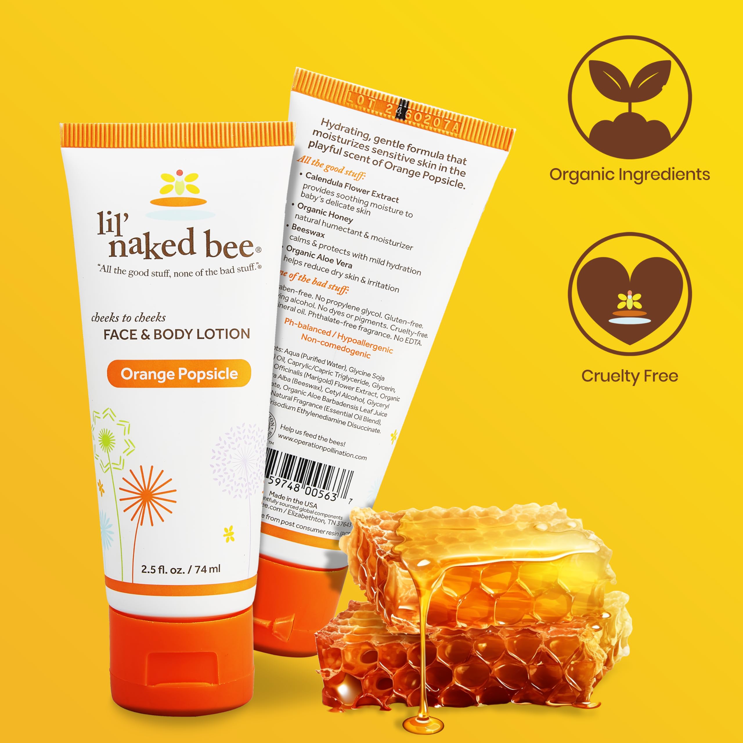 Lil Naked Bee Baby Lotion for Kids (2.5oz) Orange Popsicle Cheeks to Cheeks Face & Body Lotion for Hydrating & Moisturizing Skin