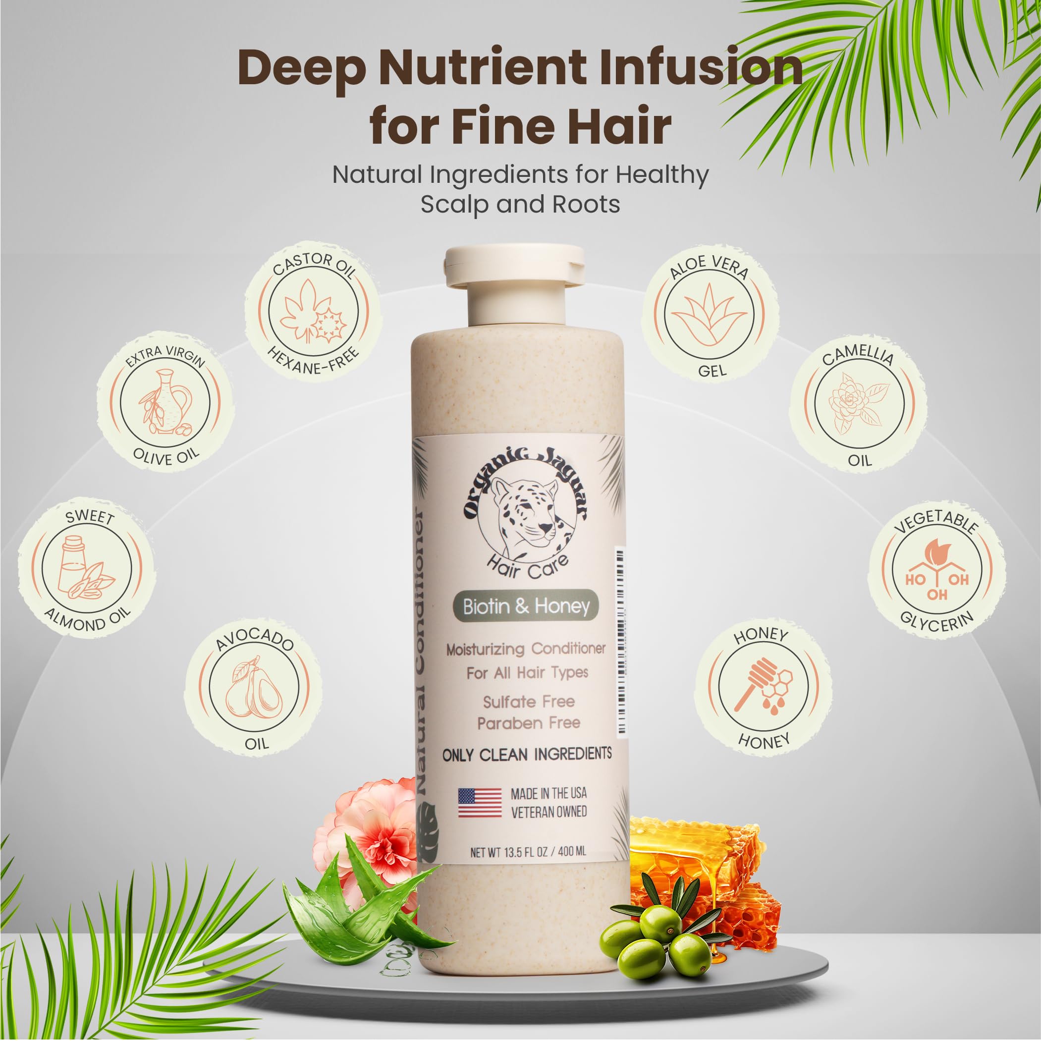 Organic Jaguar Natural Conditioner for Hair Care, Sulfate Free Conditioner with Vitamin E, Castor, Argan and Almond Oil, Rosemary and Peppermint Scent, Dry to Color Treated to All Hair, 13.5 fl oz