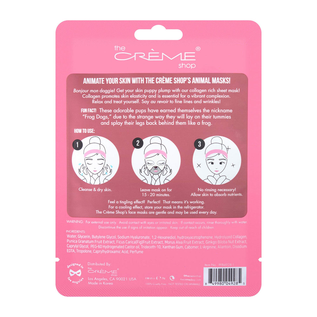 The Crème Shop Collagen Face Mask, Animal Face Mask Sheet, Korean Skin Mask, Cute Bulldog Sheet Mask Plumps Skin, Collagen Mask, Face Mask Animal Sheets - 3 Pack