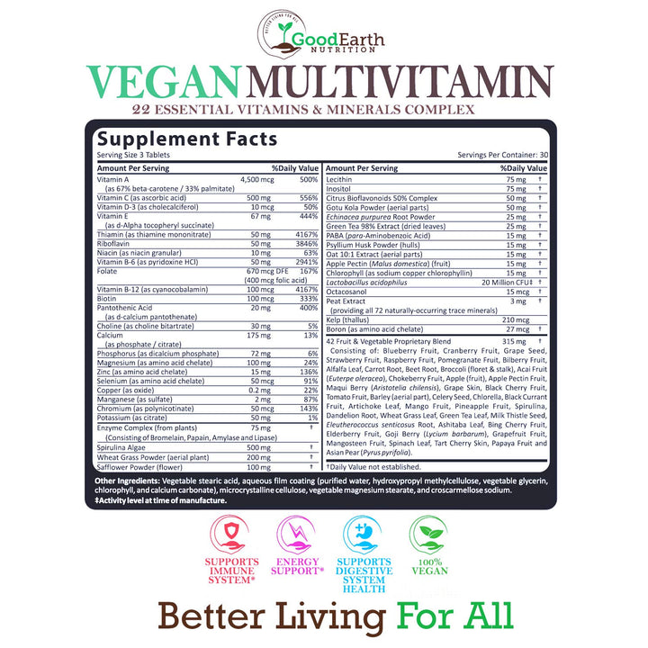Vegan Multivitamins for Men & Women - Vitamins A , B Complex , C , D3 , Zinc , Magnesium , Spirulina , Antioxidants - Daily Multivitamin Mineral Supplement with Proprietary Fruit & Vegetable Blend