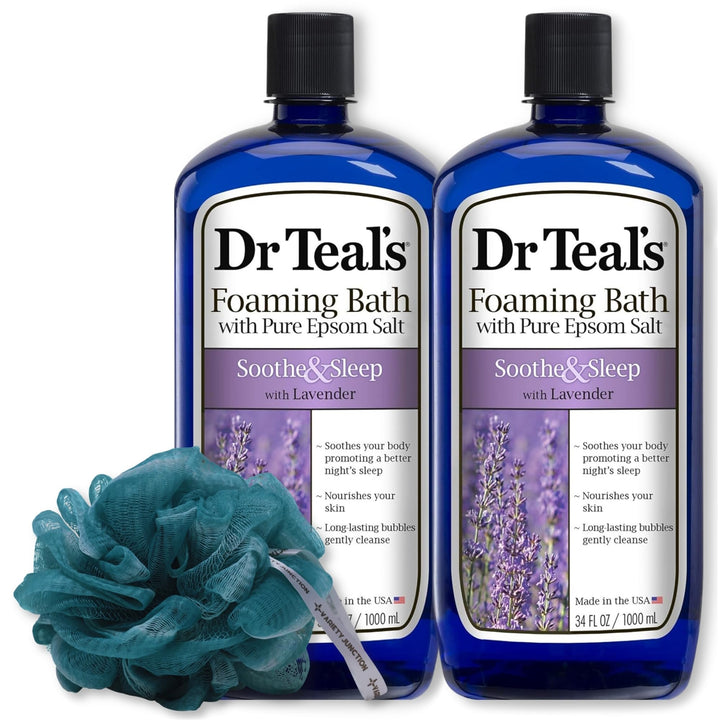 Dr. Teal's Lavender Foaming Bath 34 oz (Pack of 2) with Variety Junction Premium Bath and Shower Sponge, Soothing & Relaxing, Bubble Bath, Soaking Bath, Men's and Women's