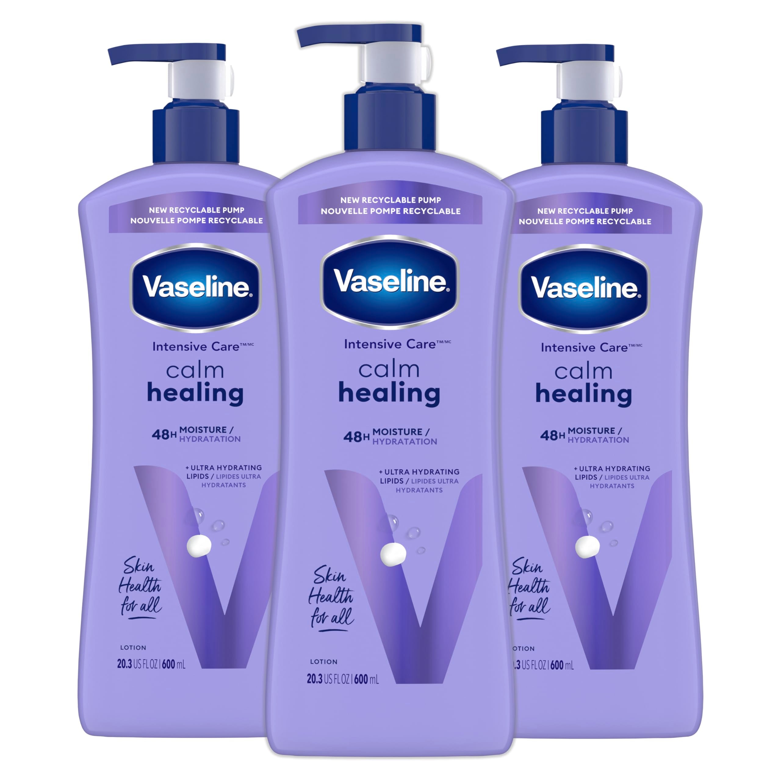 Vaseline Intensive Care Calm Healing Body Lotion 3 count for Dry Skin Made with Ultra-Hydrating Lipids and Lavender Extract to Heal and Restore Dry Skin 20.3 oz