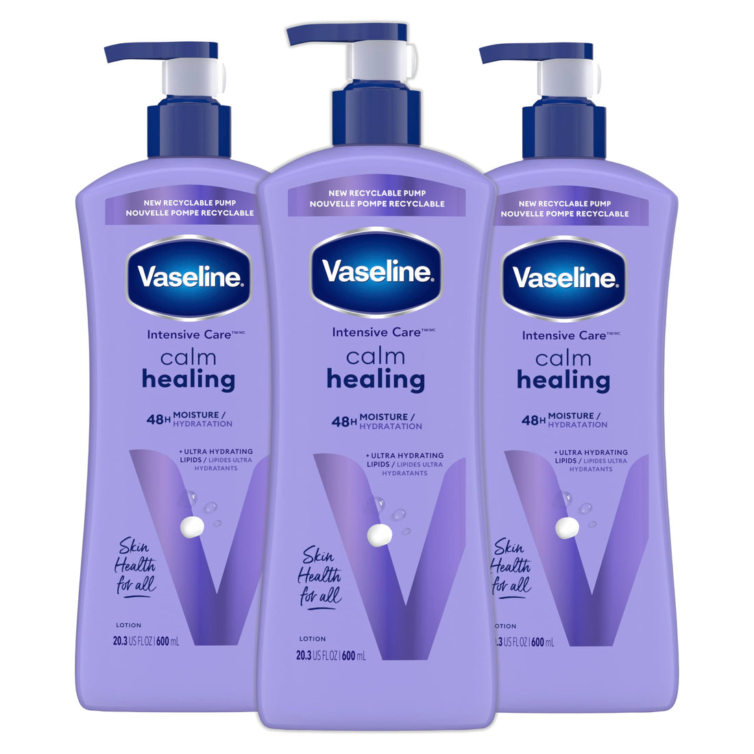 Vaseline Intensive Care Calm Healing Body Lotion 3 count for Dry Skin Made with Ultra-Hydrating Lipids and Lavender Extract to Heal and Restore Dry Skin 20.3 oz