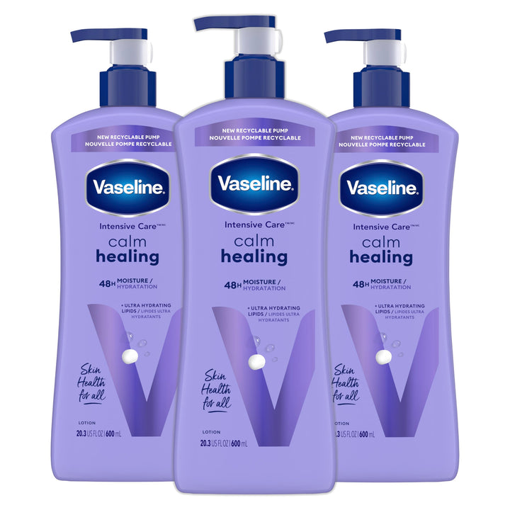 Vaseline Intensive Care Calm Healing Body Lotion 3 count for Dry Skin Made with Ultra-Hydrating Lipids and Lavender Extract to Heal and Restore Dry Skin 20.3 oz