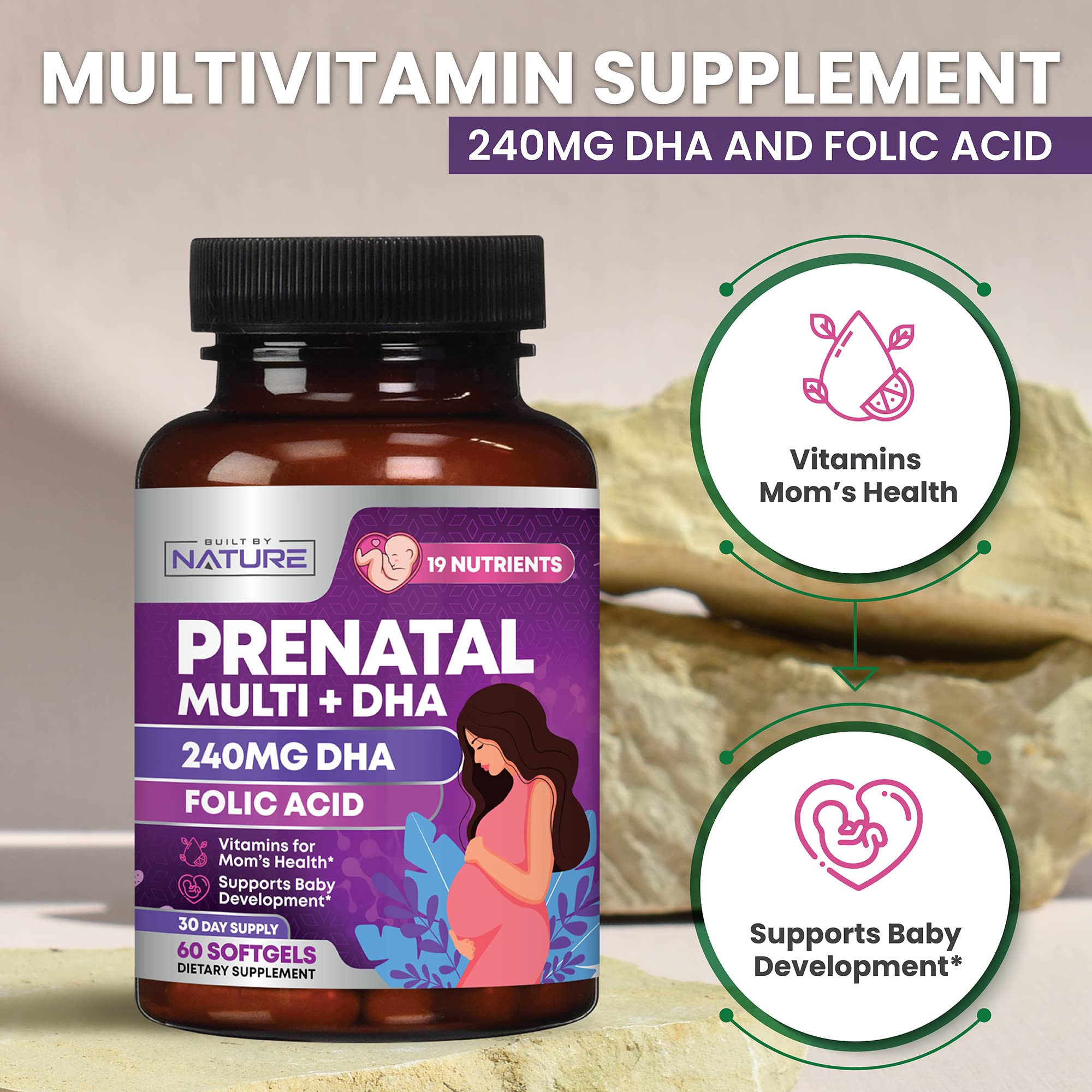 Prenatal Vitamins for Women - Multivitamin with DHA, Folic Acid, Vitamin C, B12, Iron & Omega-3 - Before, During & Post Pregnancy Supplement for Healthy Growth & Brain Development - 60 Softgels