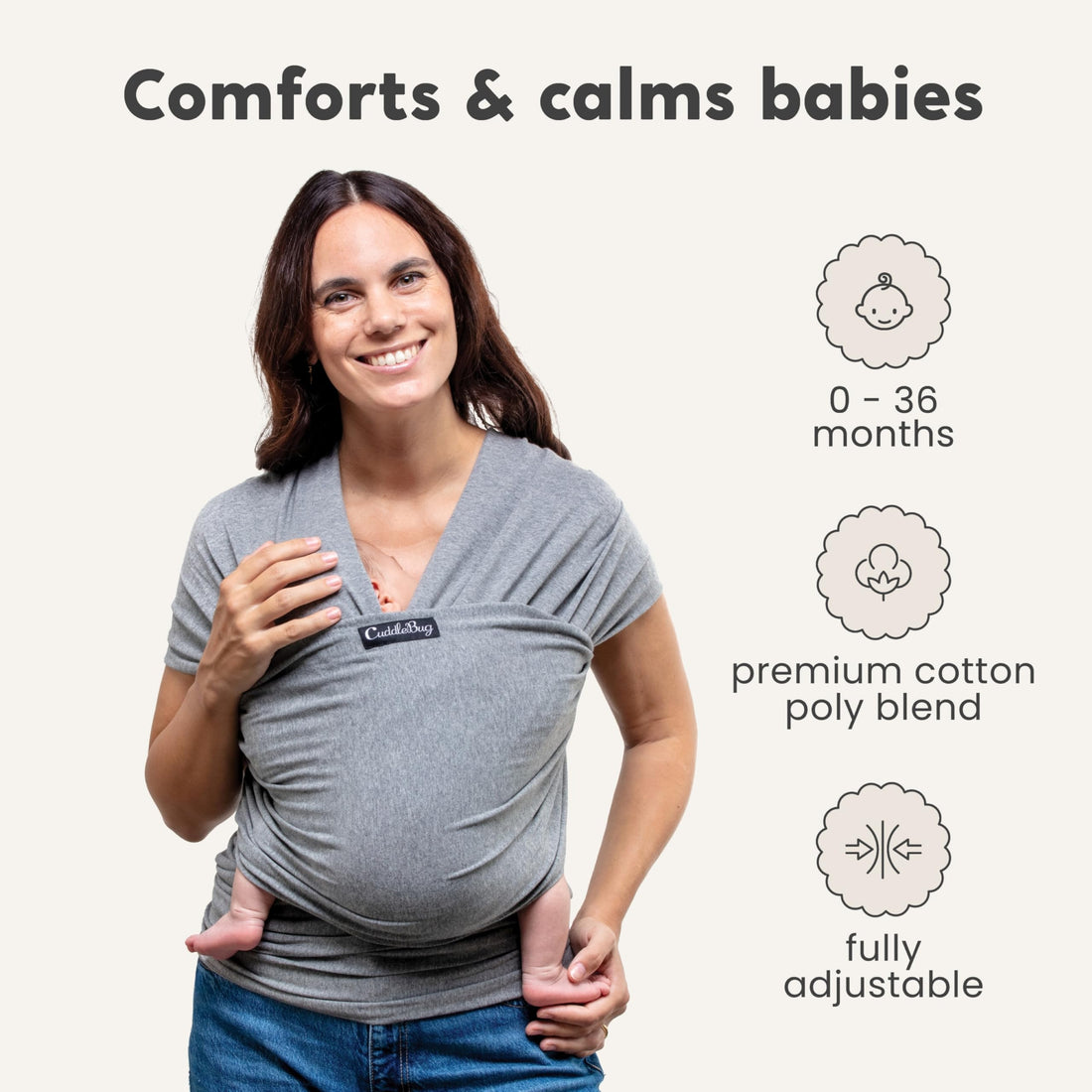 CuddleBug Hands-Free Baby Carrier - Soft & Stretchy Wrap - Newborn to Toddler 7-35 lbs - One-Size-Fits-All Hip-Healthy Holder (Gray)