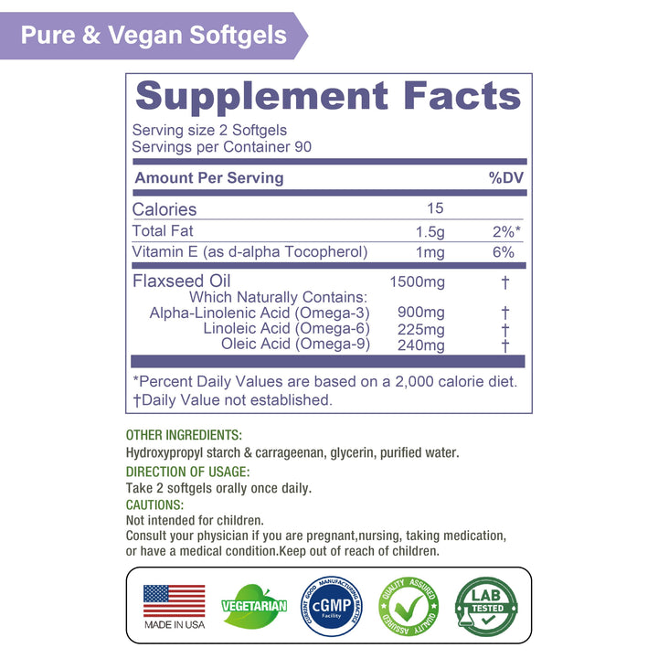 Lovita Organic Cold-Pressed Flaxseed Oil : 1500mg with 900mg ALA Omega-3. Vegan. 180 Softgels