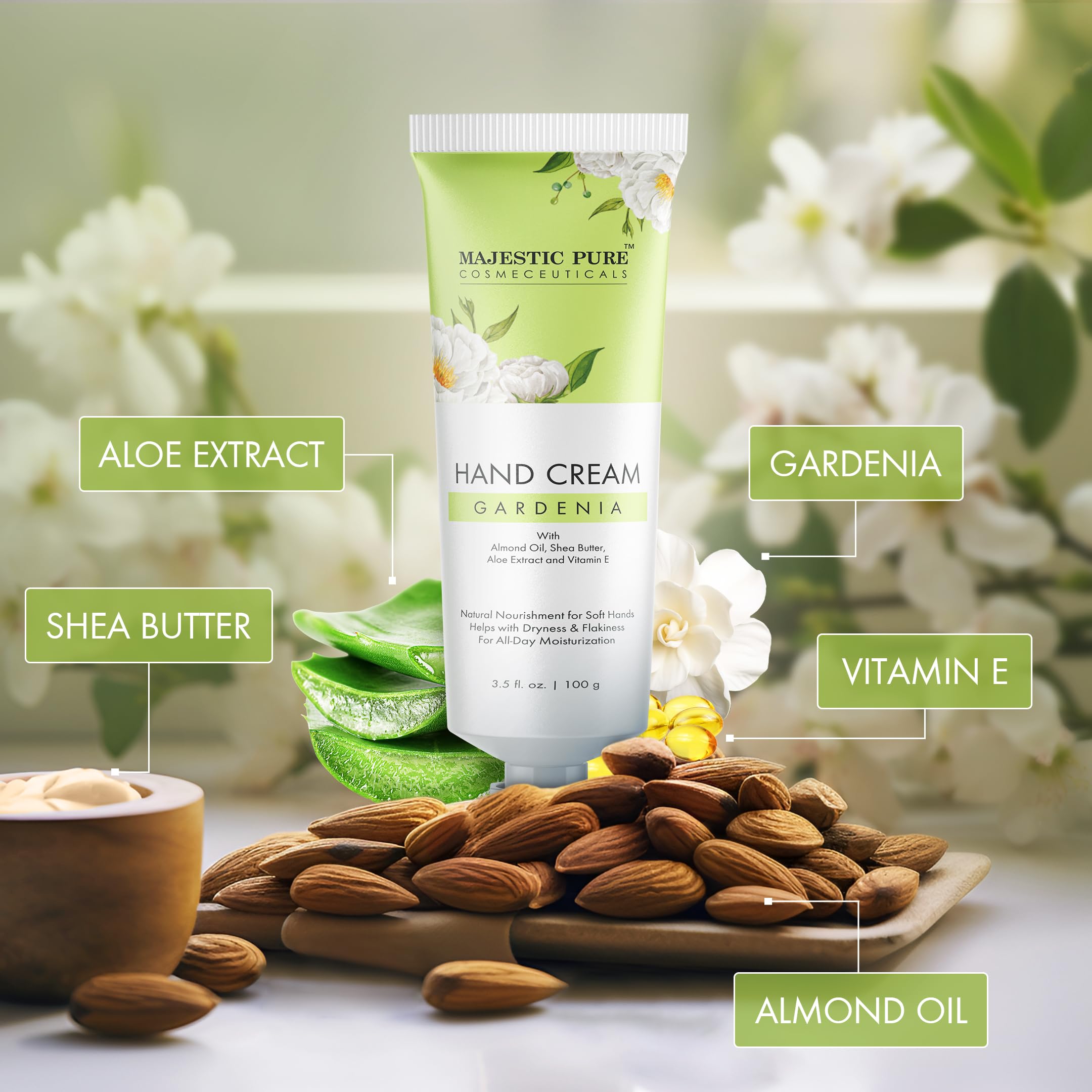Majestic Pure, Gardenia Hand Cream | 100% Pure & Natural | Helps in Nourishment and Soft Hands | Almond Oil, Aloe Vera Extract, Shea Butter | 3.5 Fl Oz