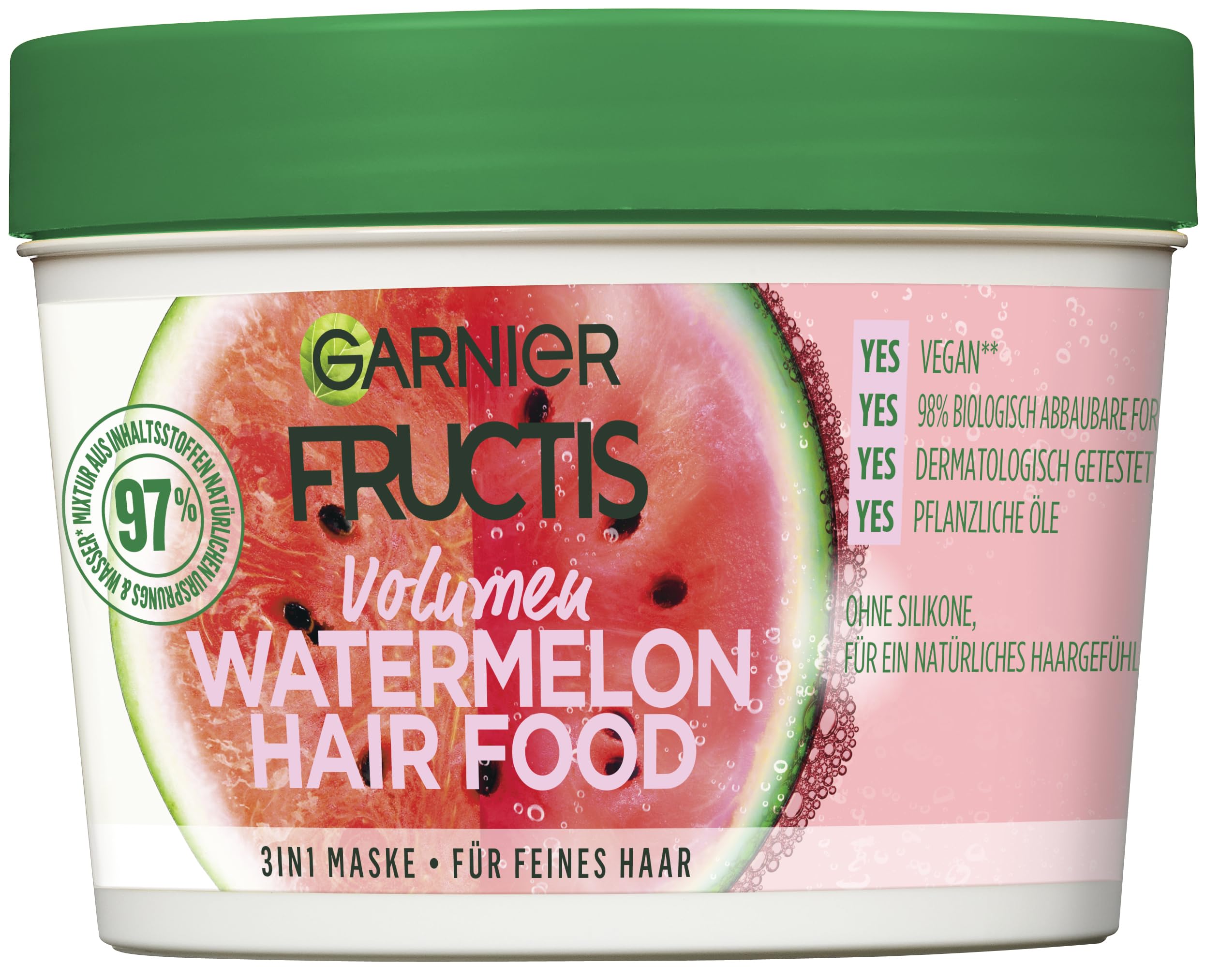 Garnier Hair Mask, Watermelon Hairfood, Moisturising 3-in-1 Mask, Gently Detangles Fine Hair and Gives Unrivalled Shine, Fructis, 390 ml