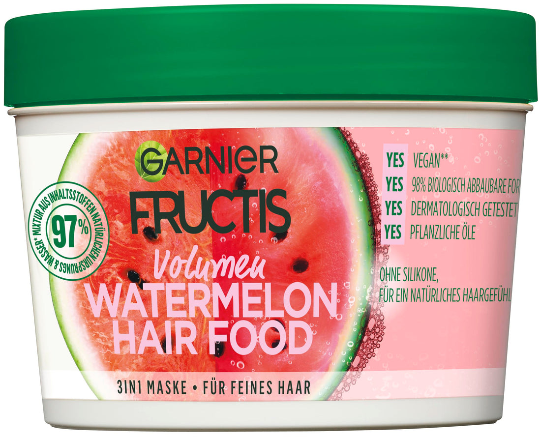 Garnier Hair Mask, Watermelon Hairfood, Moisturising 3-in-1 Mask, Gently Detangles Fine Hair and Gives Unrivalled Shine, Fructis, 390 ml