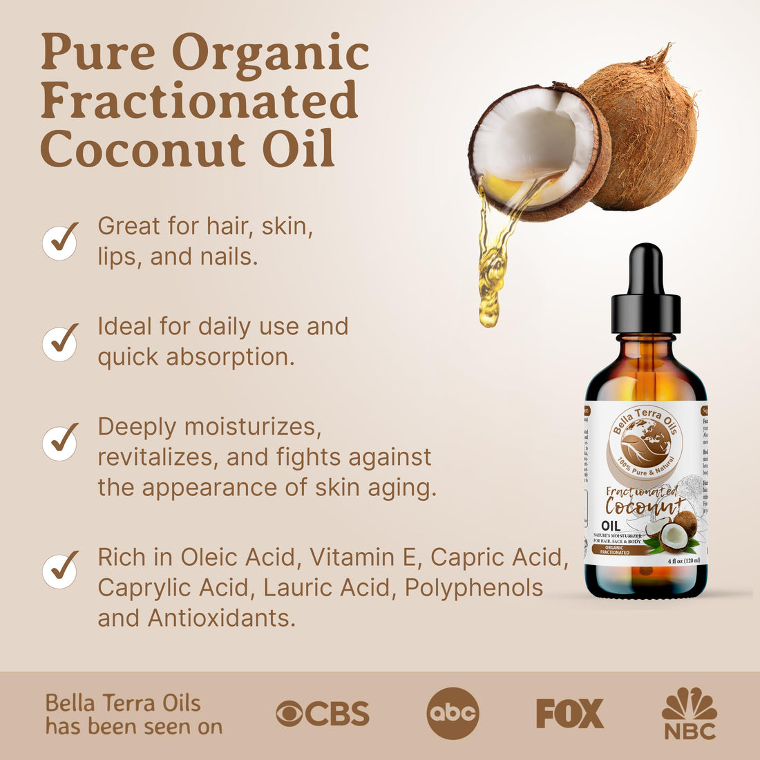 Bella Terra Oils - Organic Fractionated Coconut Oil (MCT) 4oz - Derived from Pure Coconut Essence, Abundant in Capric & Lauric Acid, Your Go-to Companion for Supple Skin