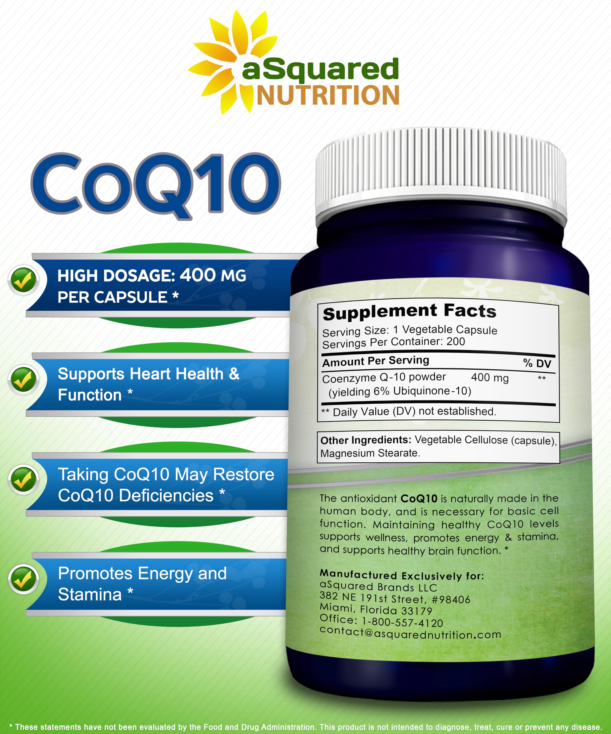 aSquared Nutrition CoQ10 (400mg Max Strength, 200 Capsules) - High Absorption Vegan Coenzyme Q10 Powder - Ubiquinone Supplement Pills, Extra Antioxidant CO Q-10 Enzyme Vitamin Tablets, Coq 10 400 mg