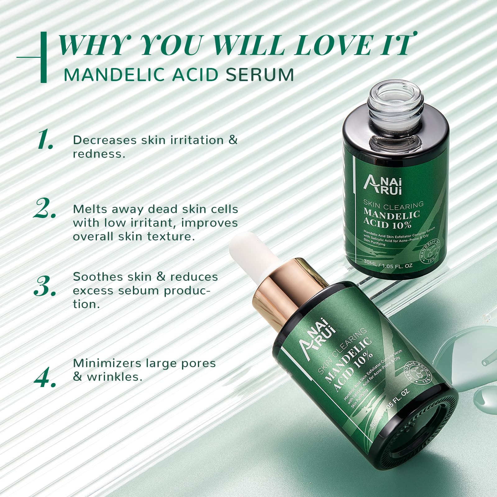 ANAI RUI Mandelic Acid 10% with Salicylic Acid 2%, Tea Tree Oil, AHA BHA Skin Exfoliant Peel Solution, for Dark Spots, Blackheads, Enlarged Pores,1.05FL.Oz