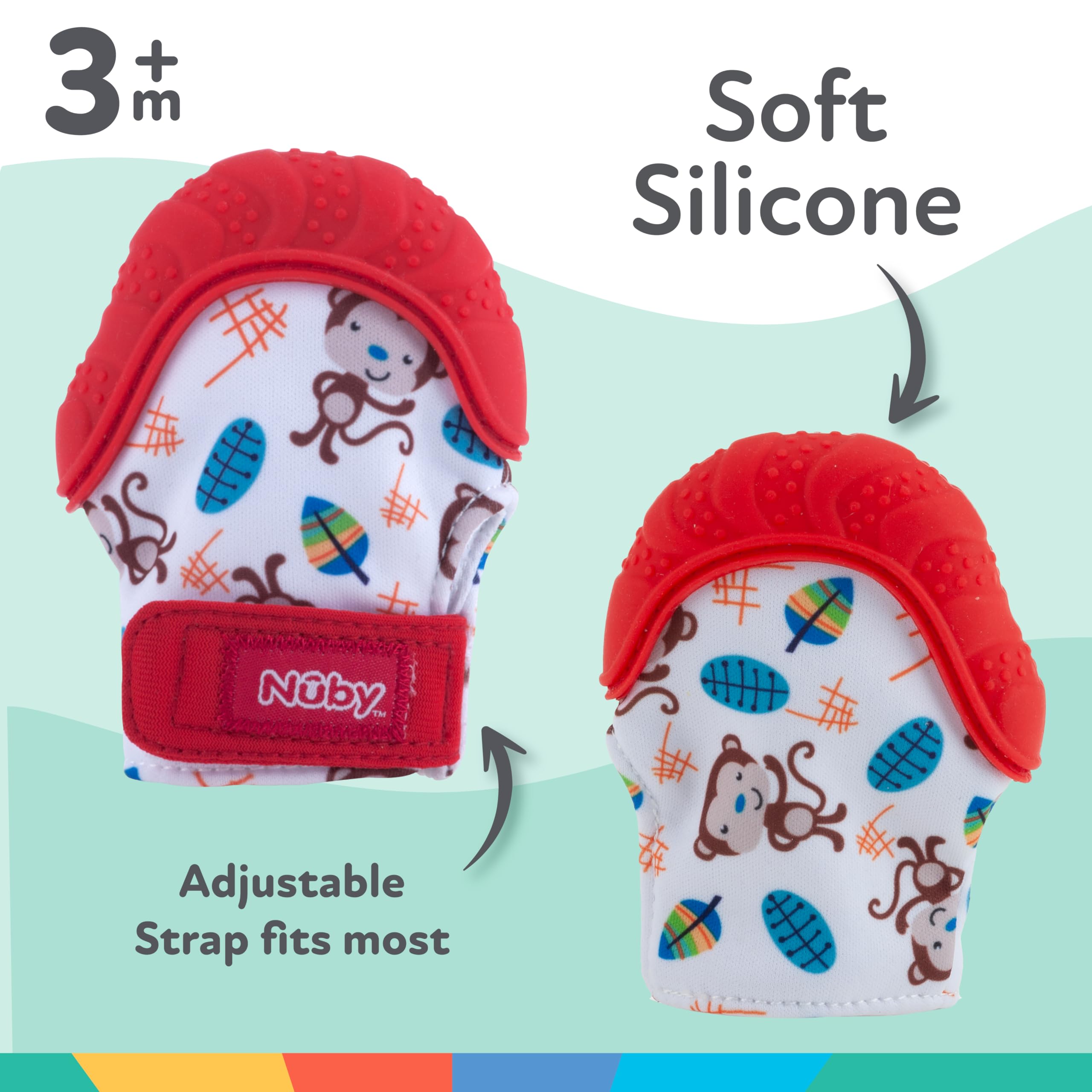 Nuby Soothing Teething Mitten with Hygienic Travel Bag, Red Monkey, 1 Count (Pack of 1)