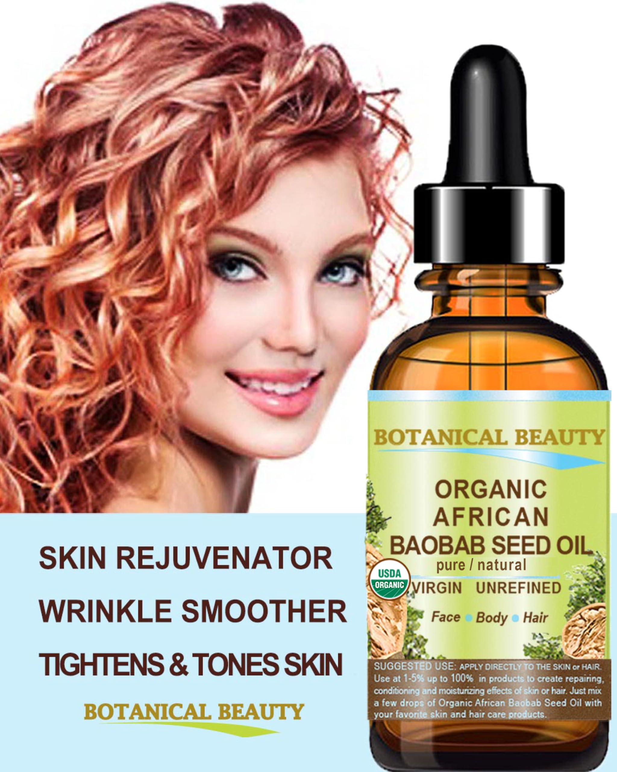 Botanical Beauty Organic BAOBAB SEED OIL 100% Pure Natural Refined Cold-pressed Carrier Oil 0.5 Fl oz 15 ml For Face, Skin, Body, Hair, Lip, Nails. Rich in vitamin C, Vitamin E