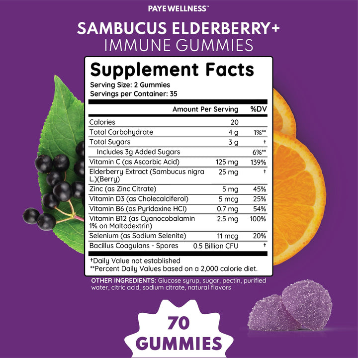 Elderberry Gummies Immune Support, Daily Support for Kids and Adults*, with Sambucus Elderberry, Zinc, Vitamin C, D3, B6, B12, Plus - Dietary Supplement - 70 Count