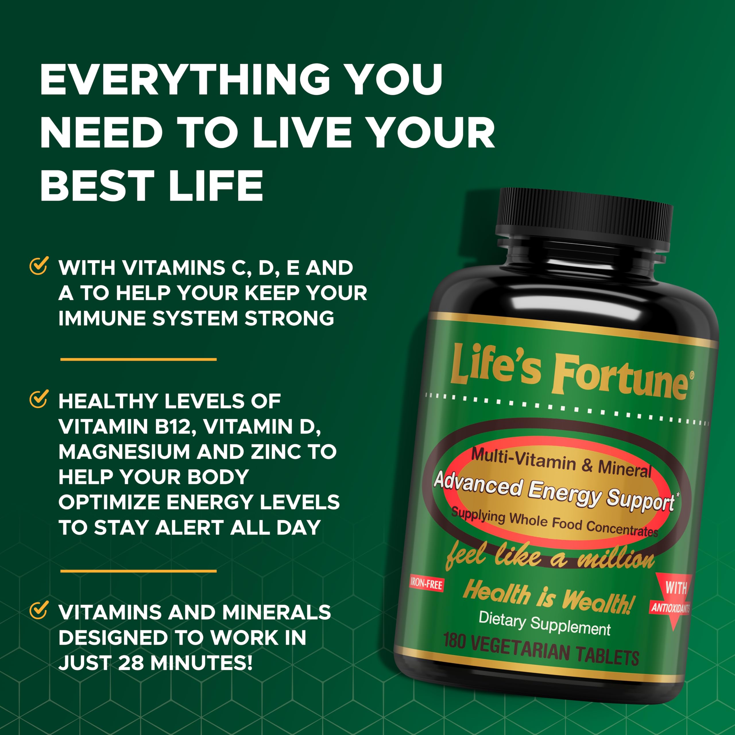 Life's Fortune Multivitamin & Mineral, All Natural Energy Source Supplying Whole Food Concentrates, Antioxidants, Amino Acids, Enzymes, Trace Minerals & More, 180 Tab