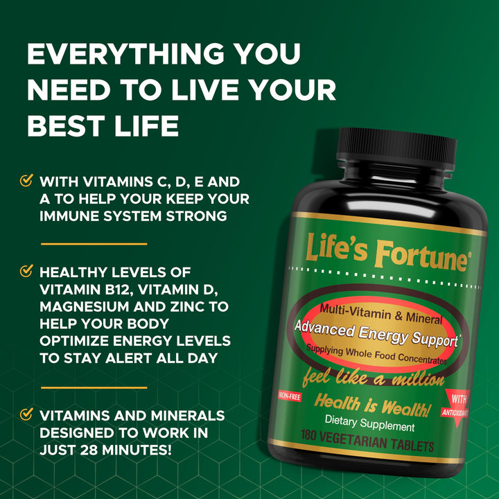 Life's Fortune Multivitamin & Mineral, All Natural Energy Source Supplying Whole Food Concentrates, Antioxidants, Amino Acids, Enzymes, Trace Minerals & More, 180 Tab
