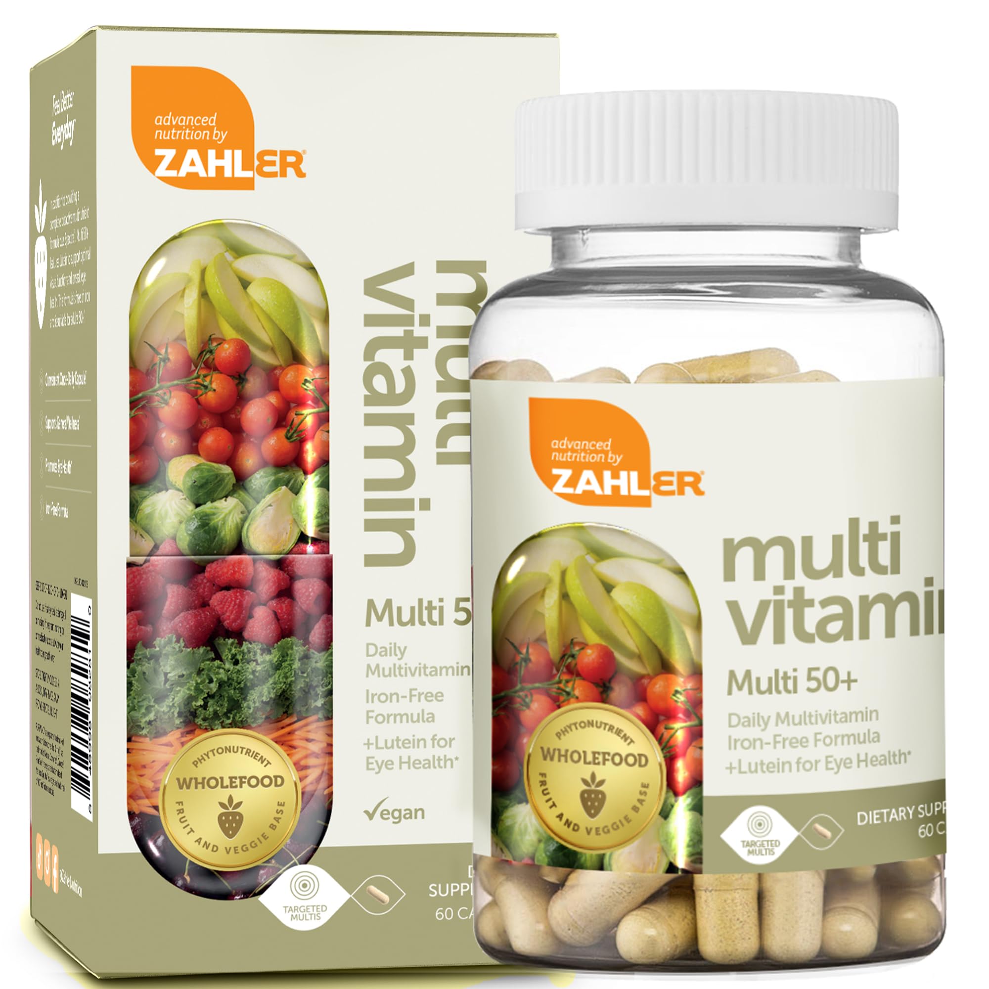 Zahler Multivitamin 50+, Iron-Free Formula + Lutein for Eye Health, 60 Capsules.